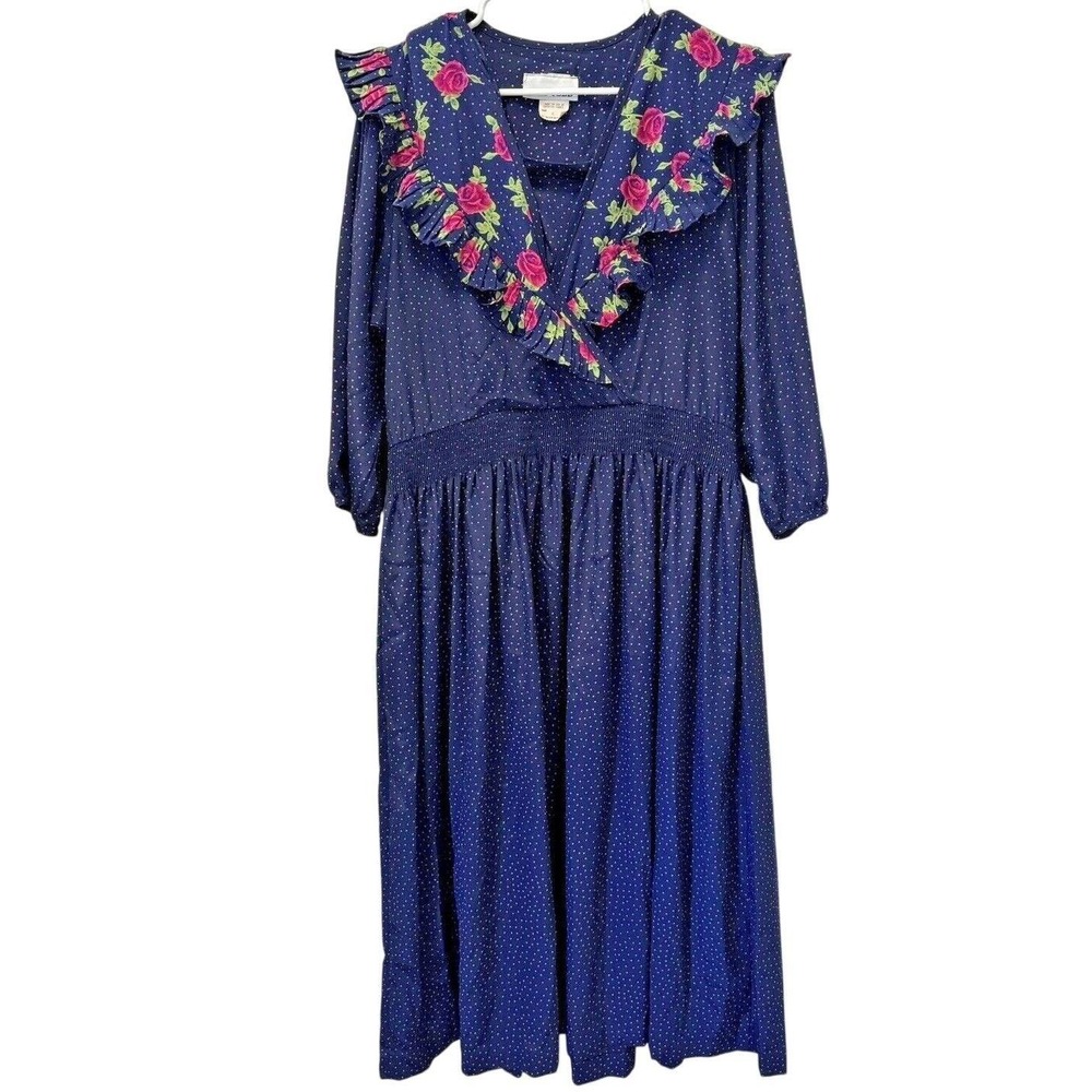Toni Todd Midi Dress Womens 8 Blue Vintage 80s Floral‎ Polka Dot Ruffle Smocked